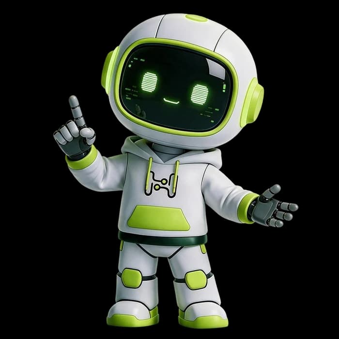 Hintu, the HintMint robot mascot, pointing up with one hand